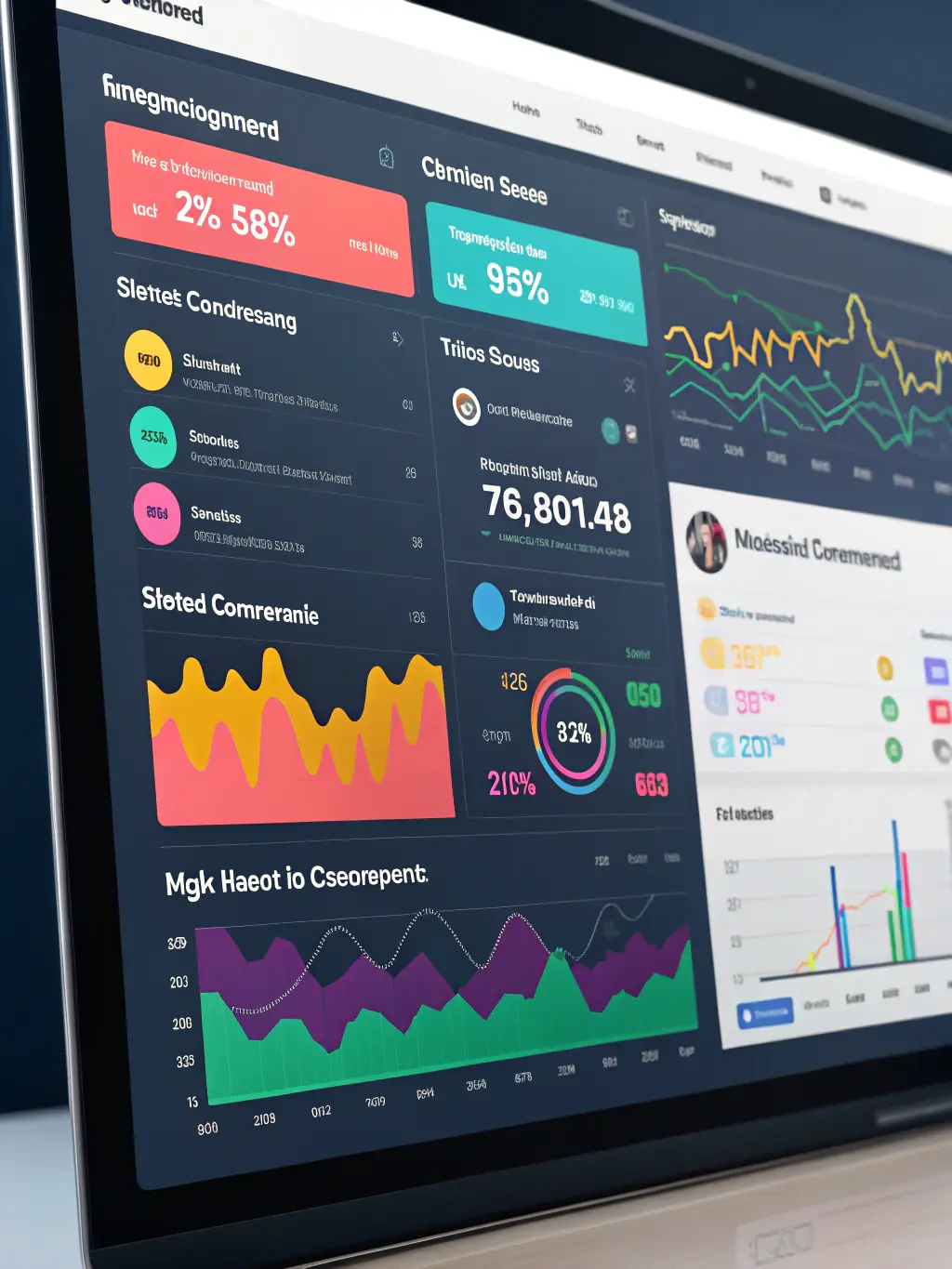 A vibrant image depicting a social media dashboard with analytics, engagement metrics, and content calendars, showcasing MarketWave's social media management capabilities.