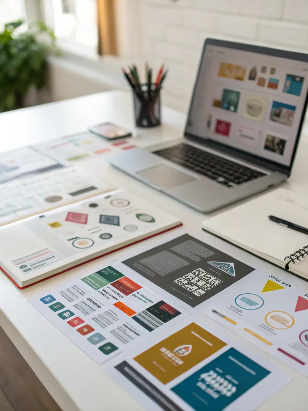 A visually appealing image representing brand development, featuring logos, color palettes, and branding materials, highlighting MarketWave's expertise in creating strong brand identities.