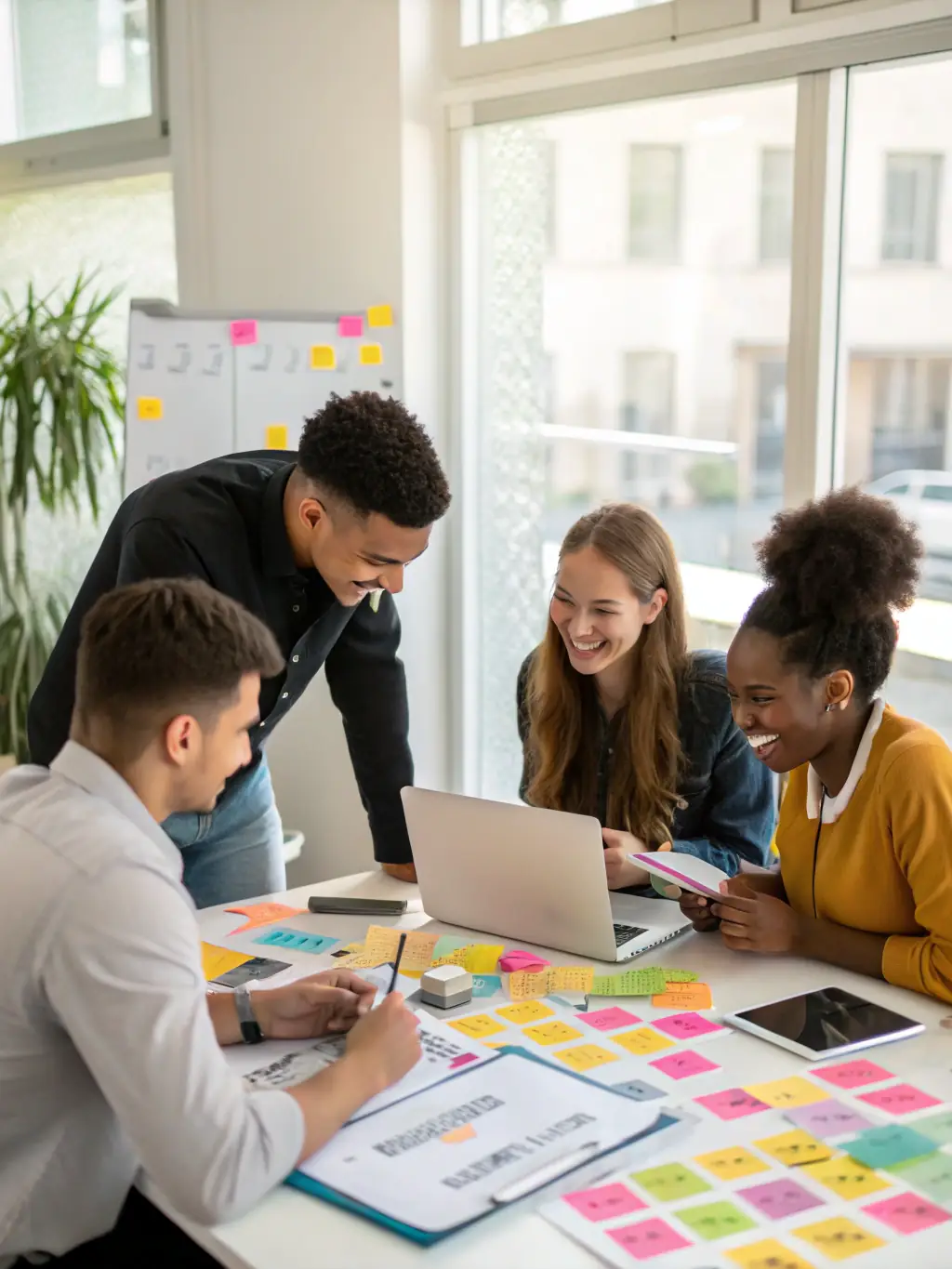 A professional image showing a diverse team collaborating on a marketing strategy, emphasizing MarketWave's collaborative approach and expertise in various marketing domains.