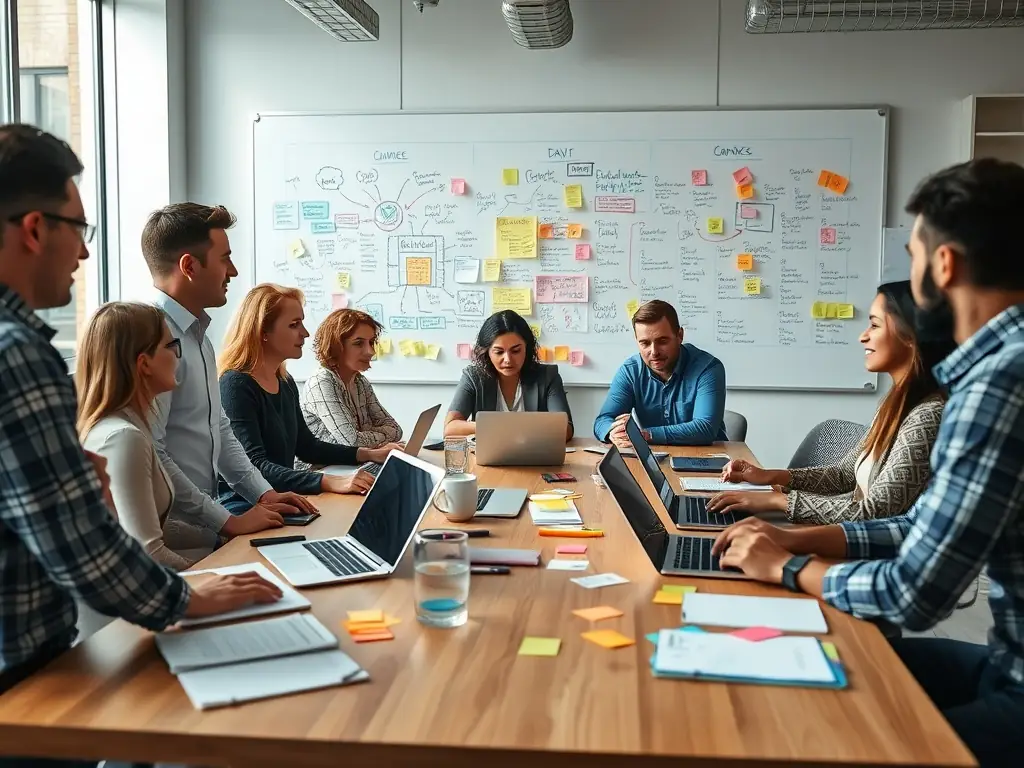 A visually appealing image showcasing a team brainstorming marketing strategies in a modern office setting, emphasizing collaboration and innovation.